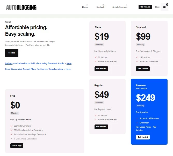 Autoblogging AI plans and pricing